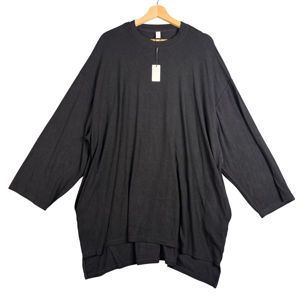 Foxy Kind Womens XL Black Ribbed Knit Oversized Tunic Top 3/4 Sleeve Pockets